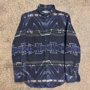Polo Ralph Lauren Shacket Men M Blue Aztec Southwest Shirt Flannel Button Up VTG